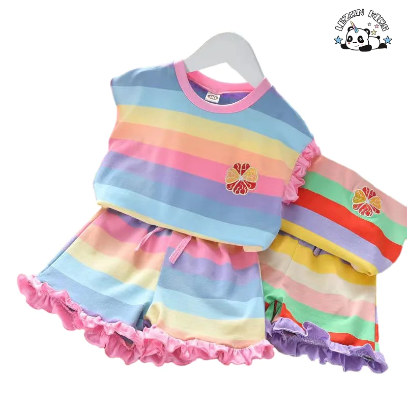 LEZONKIDS - Conjuntos de Roupas Femininas de Alta Qualidade com Impressão de Flores Coloridas Personalizadas para o Verão